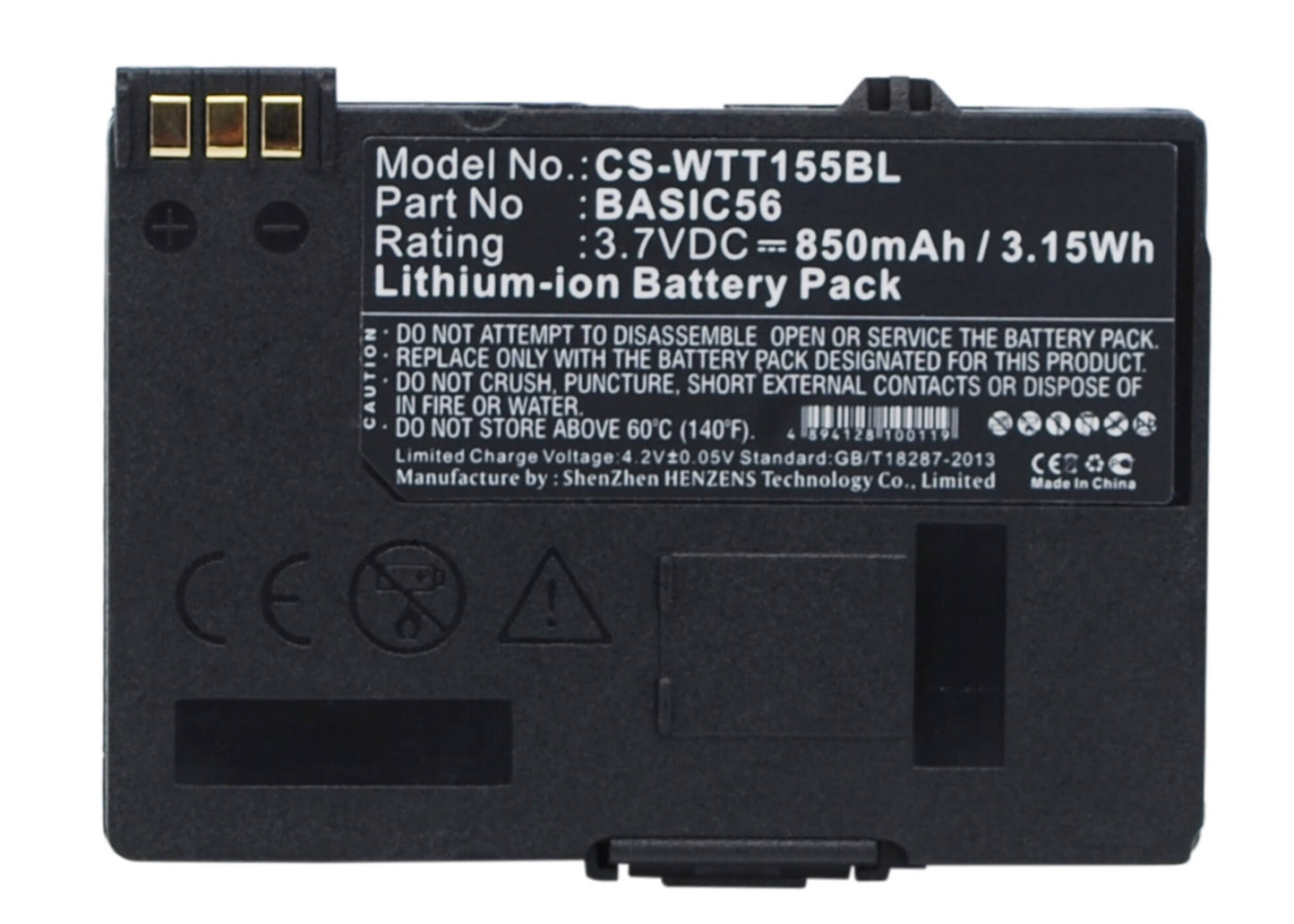 3.7V, 850mAh, Li-ion Battery fits Way Systems, Mtt 1500, Mtt 1510, 3.145Wh