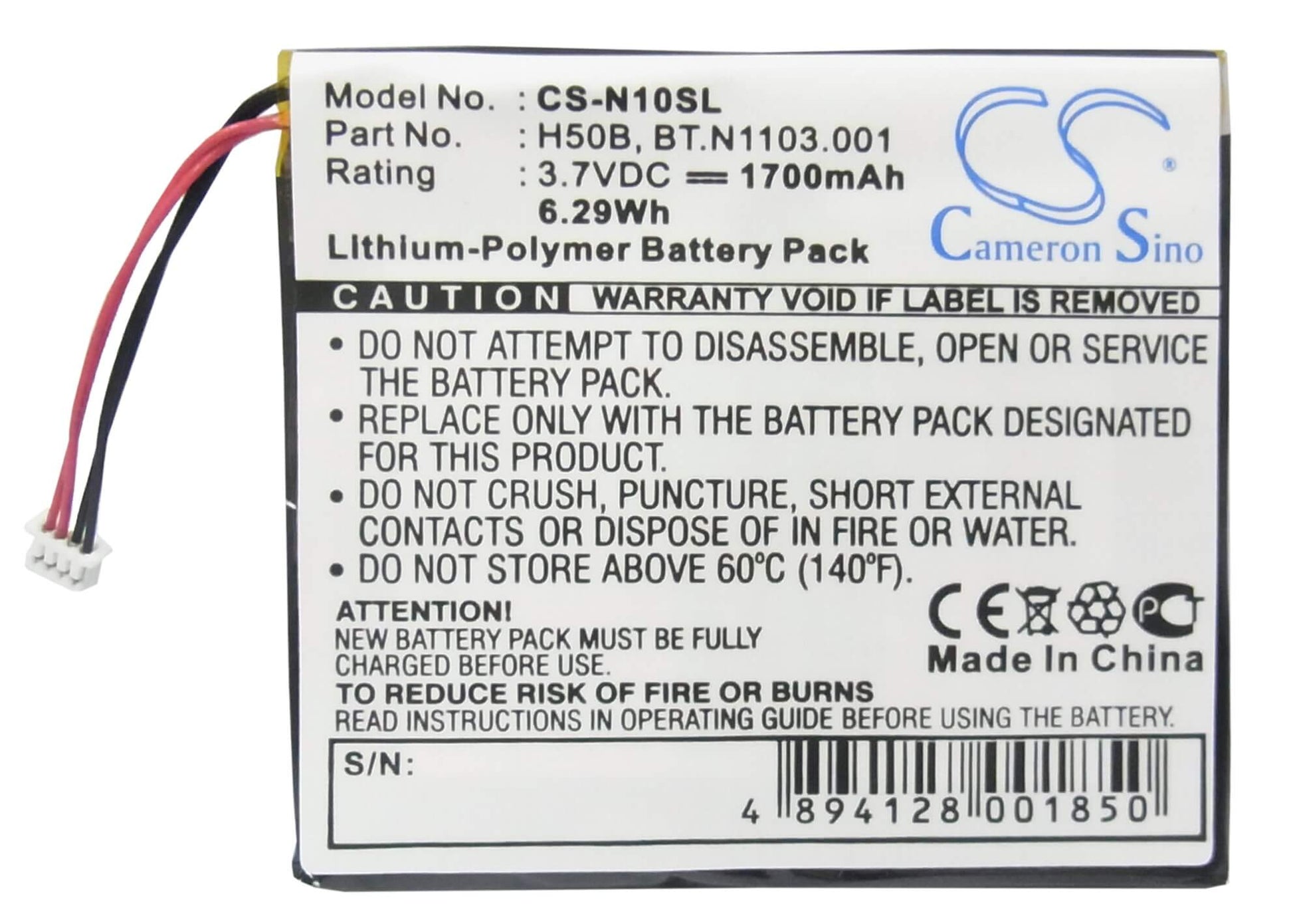 3.7V, 1700mAh, Li-Polymer Battery fits Gateway, 100x, 6.29Wh
