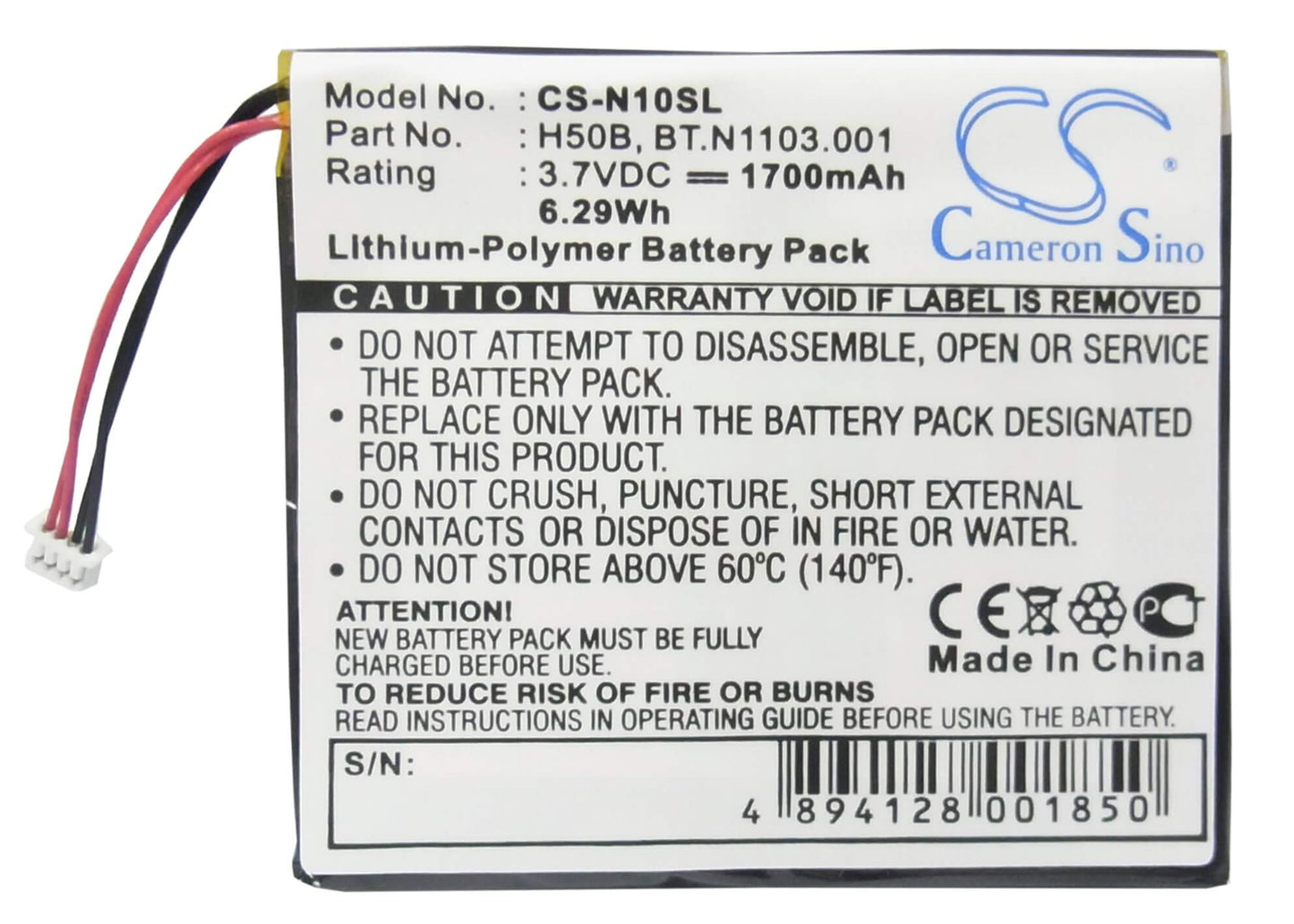 3.7V, 1700mAh, Li-Polymer Battery fits Acer, N10, 6.29Wh