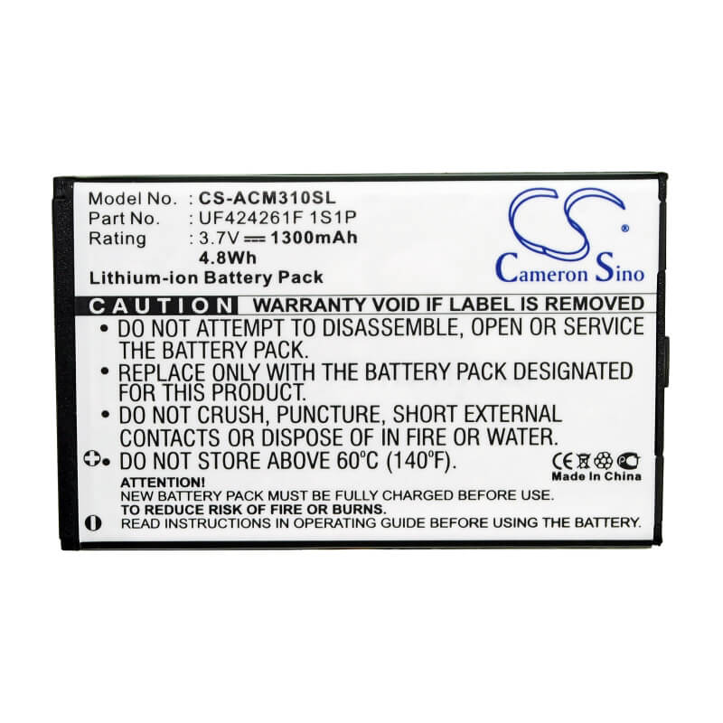 3.7V, 1300mAh, Li-ion Battery fits Acer, Allegro, M310, 4.81Wh
