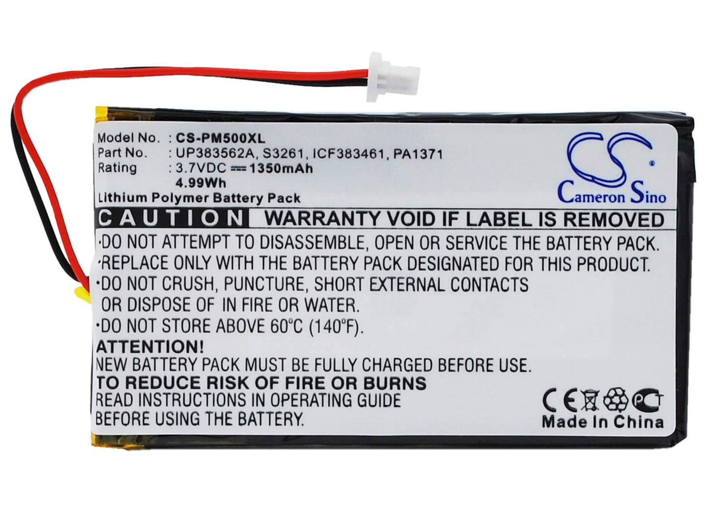 3.7V, 1350mAh, Li-Polymer Battery fits Palm, M500, M505, 4.995Wh