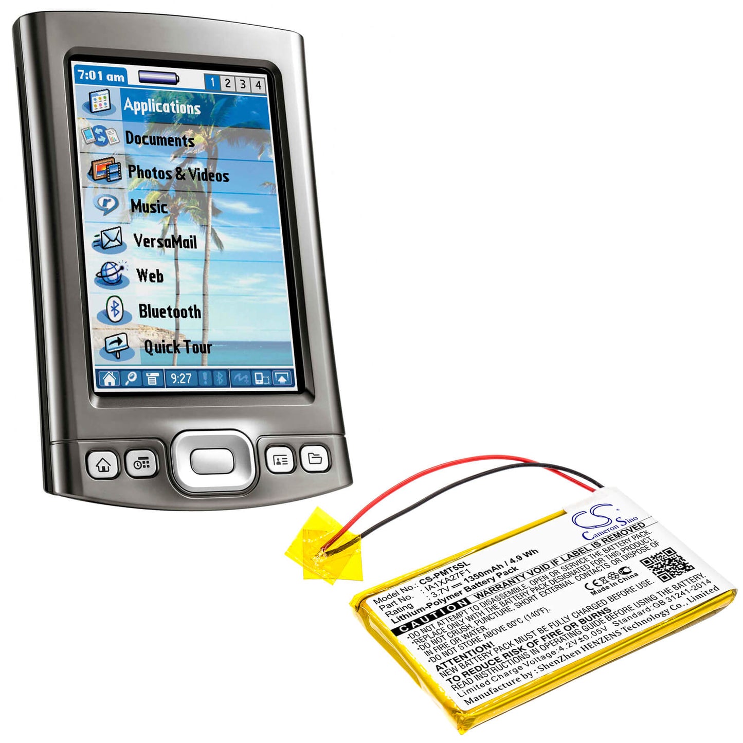 3.7V, 1350mAh, Li-Polymer Battery fits Palm, Tungsten T5, 4.995Wh