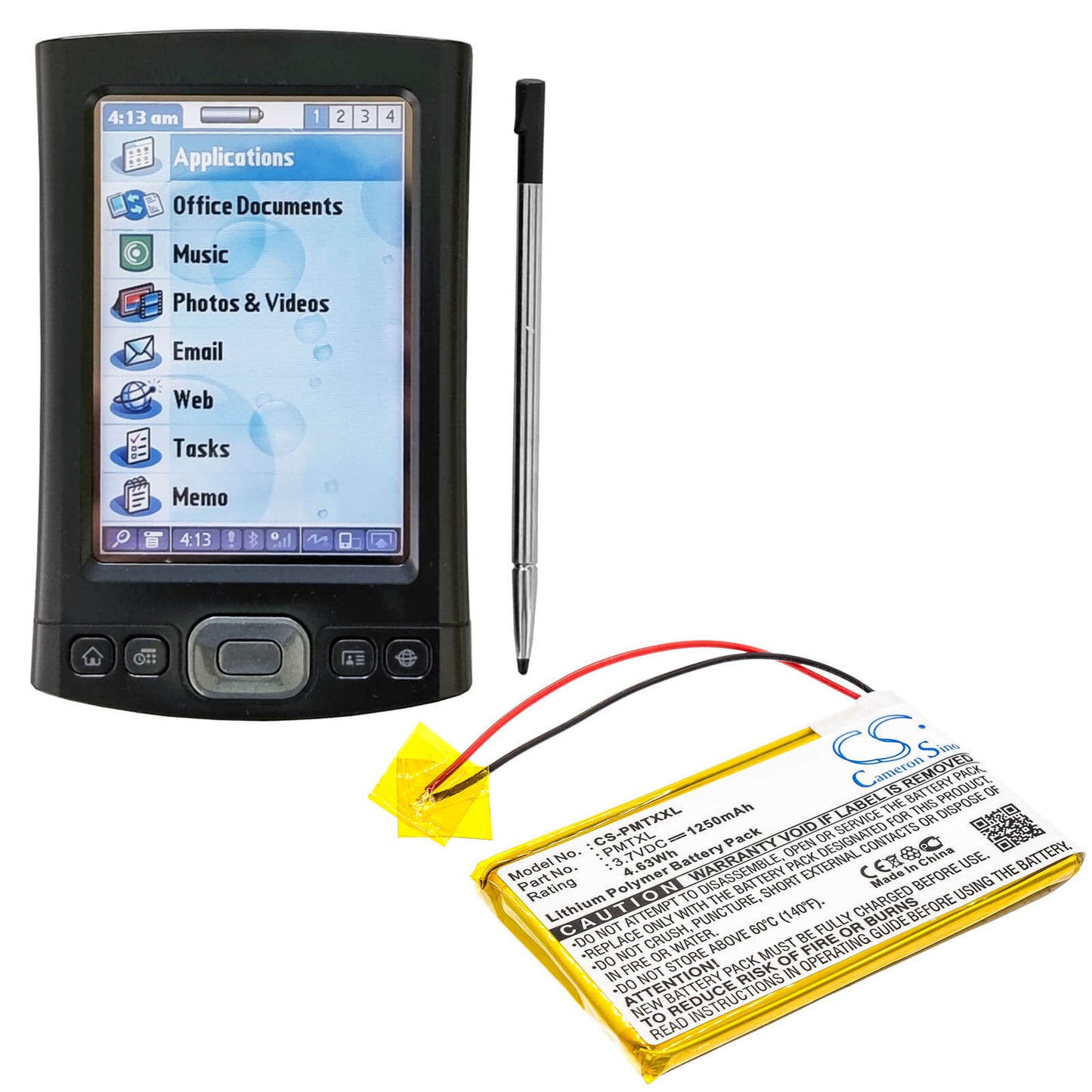 3.7V, 1250mAh, Li-Polymer Battery fits Palm, Tungsten Tx, 4.625Wh