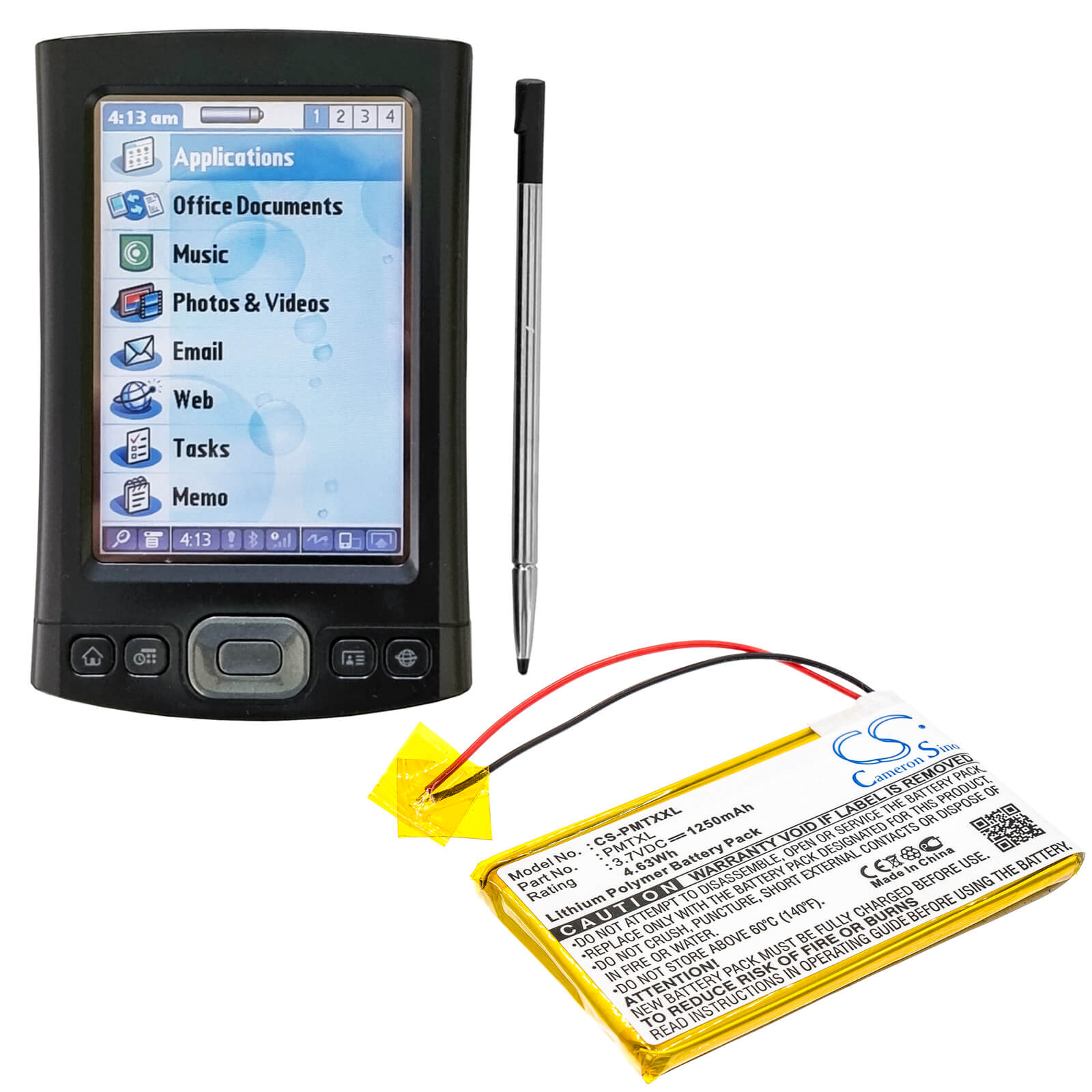 3.7V, 1250mAh, Li-Polymer Battery fits Palm, Tungsten Tx, 4.625Wh