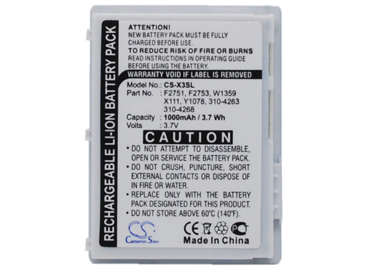 3.7V, 1000mAh, Li-ion Battery fits Dell, Axim X3, Axim X30, 3.7Wh