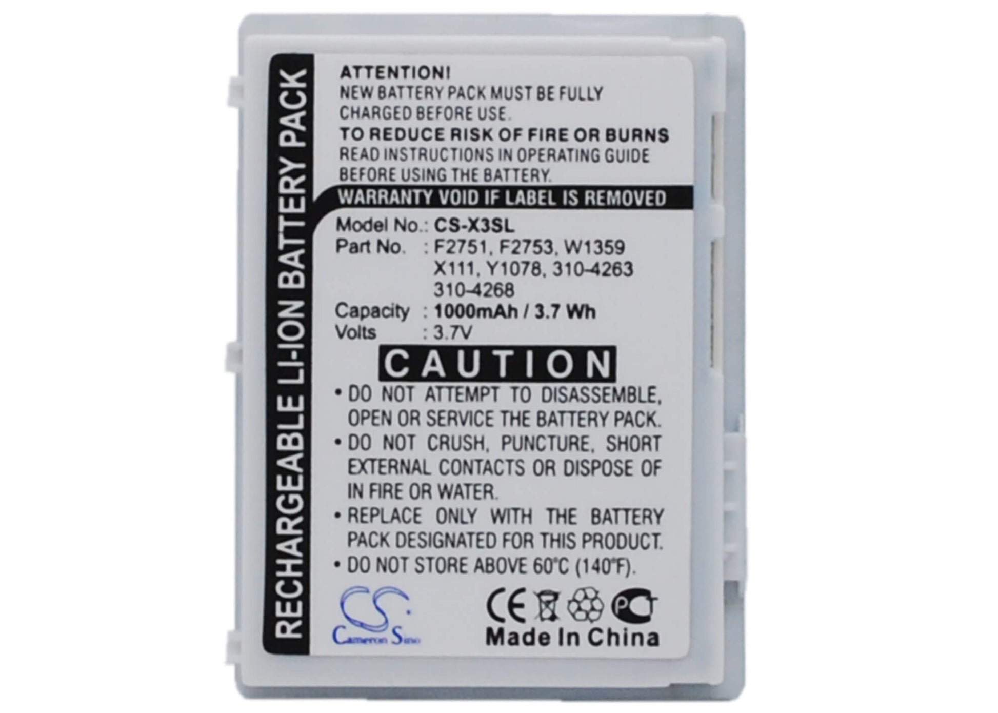 3.7V, 1000mAh, Li-ion Battery fits Dell, Axim X3, Axim X30, 3.7Wh