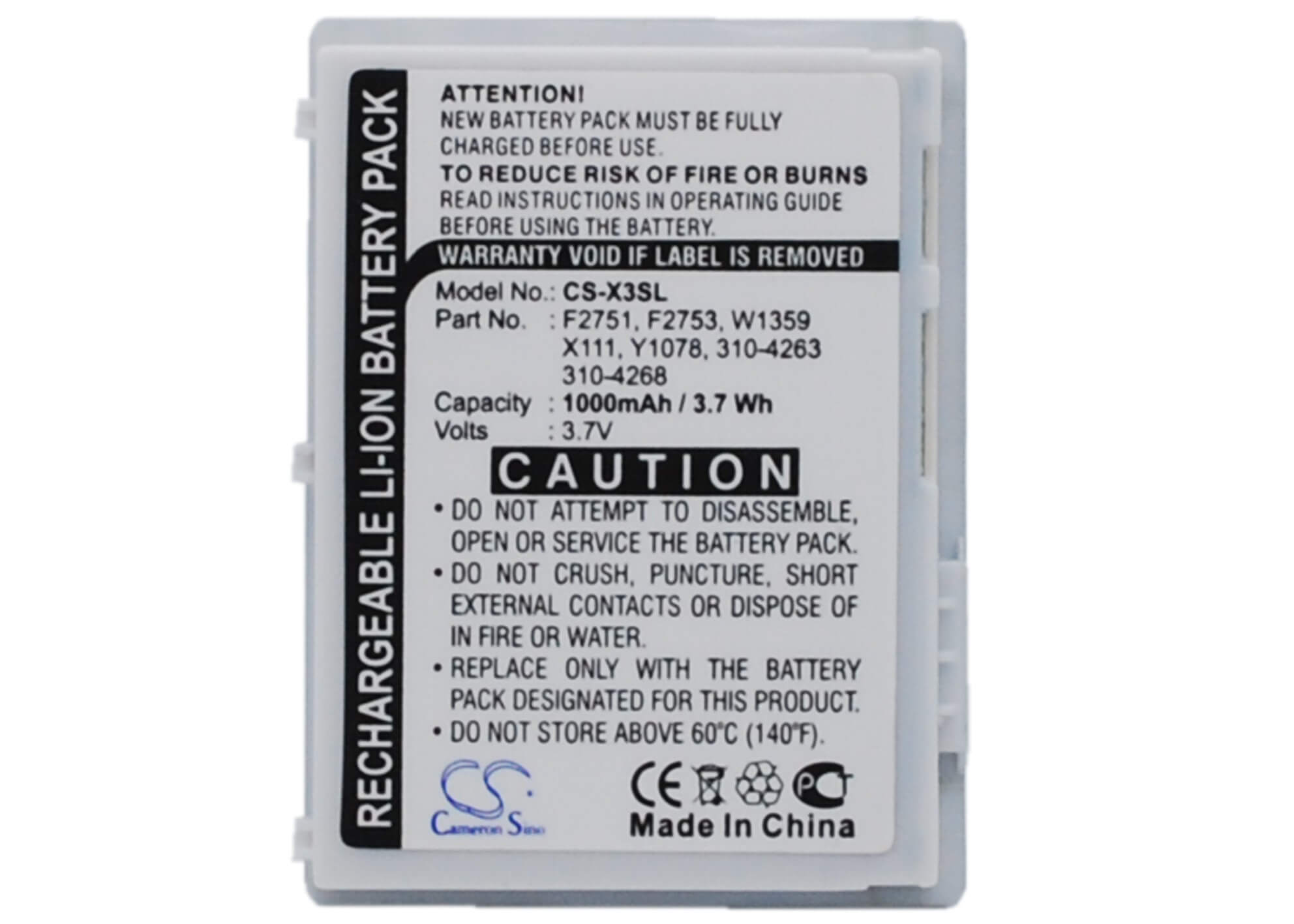 3.7V, 1000mAh, Li-ion Battery fits Dell, Axim X3, Axim X30, 3.7Wh