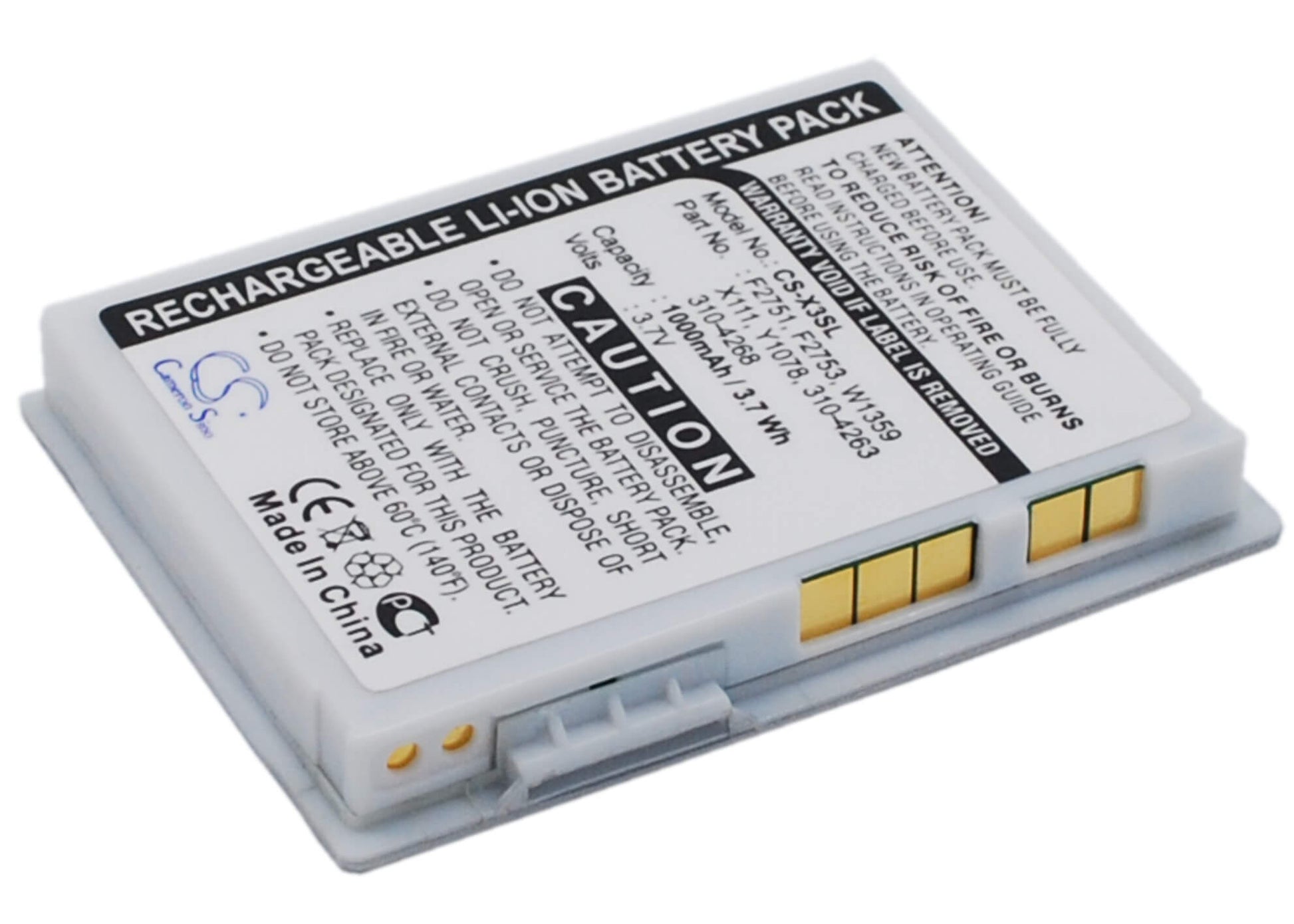3.7V, 1000mAh, Li-ion Battery fits Dell, Axim X3, Axim X30, 3.7Wh