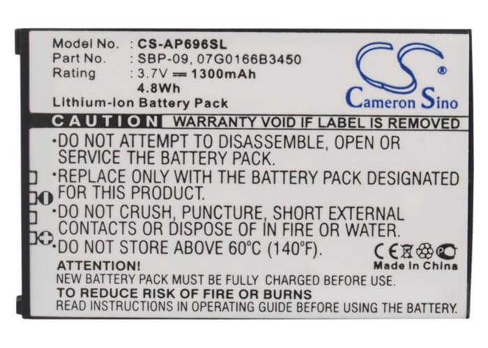 3.7V, 1300mAh, Li-ion Battery fits Asus, Mypal A626, Mypal A686, 4.81Wh