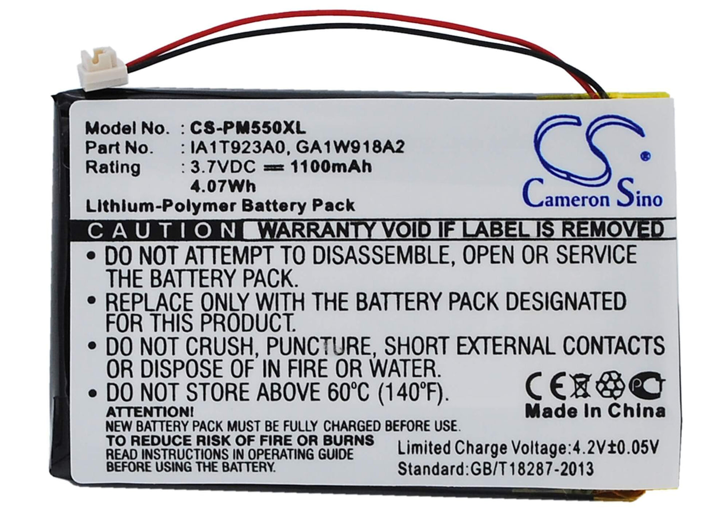 3.7V, 1100mAh, Li-Polymer Battery fits Palm, M550, Tungsten T1, 4.07Wh