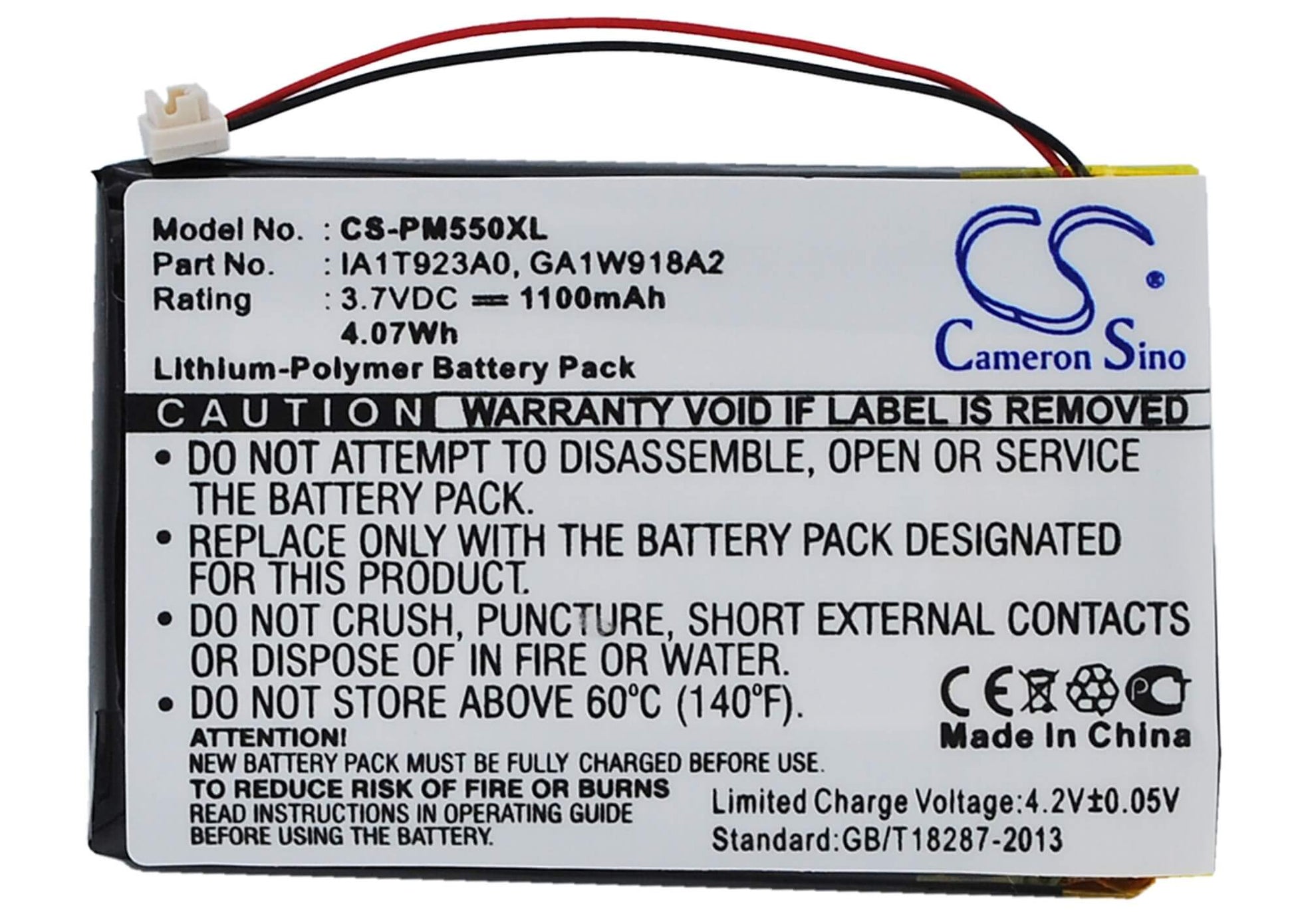 3.7V, 1100mAh, Li-Polymer Battery fits Palm, M550, Tungsten T1, 4.07Wh