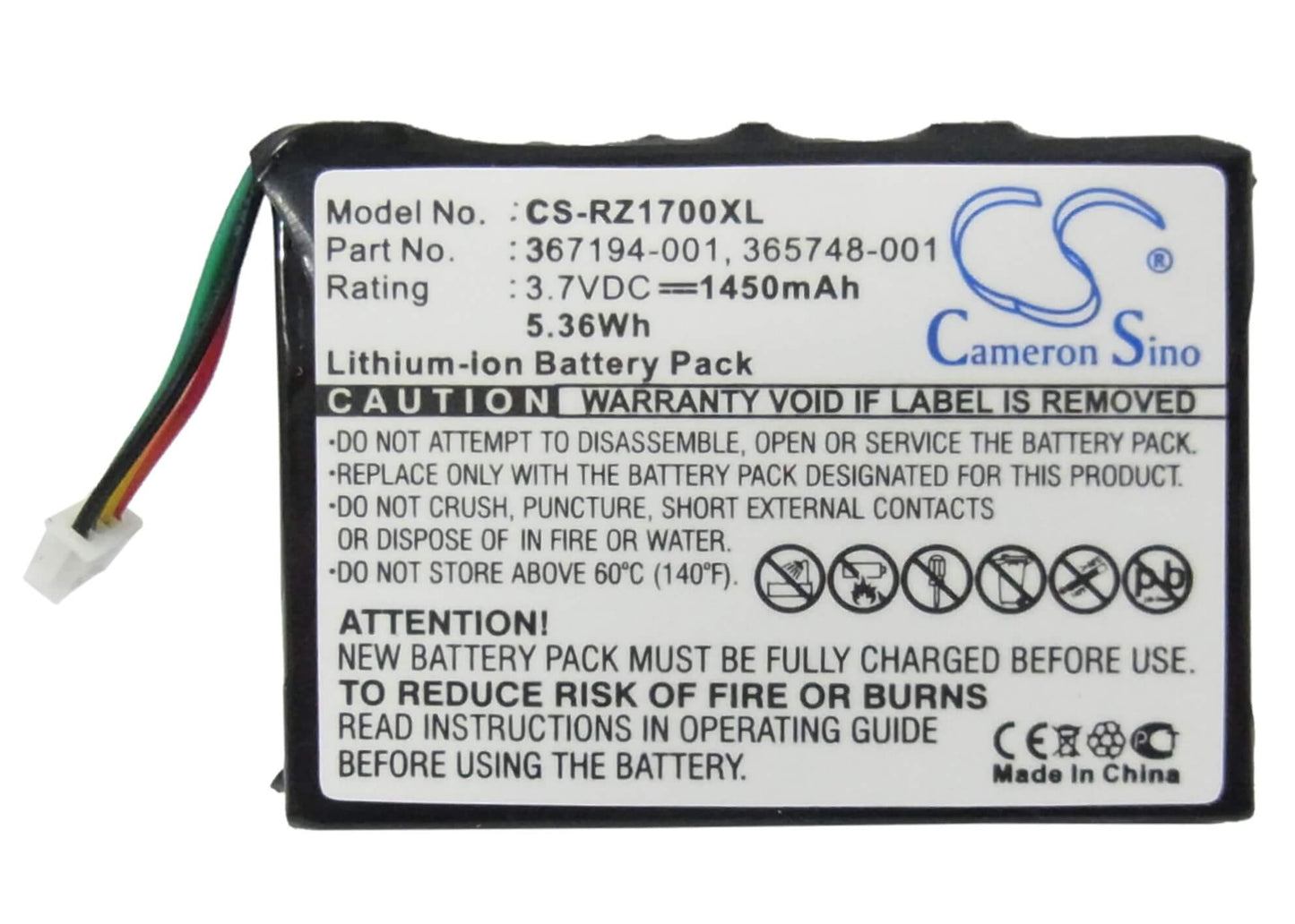 3.7V, 1450mAh, Li-ion Battery fits Hp, Ipaq Rz1700, Ipaq Rz1710, 5.365Wh