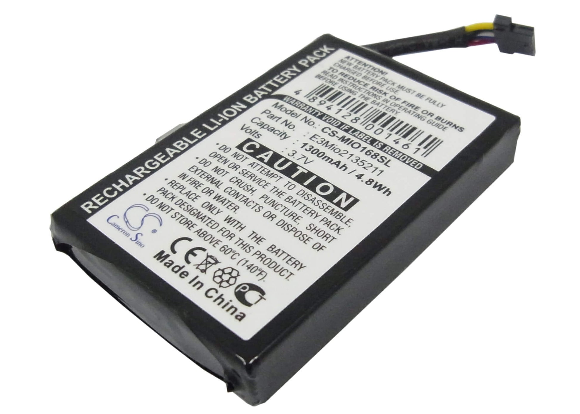 3.7V, 1300mAh, Li-ion Battery fits Mitac, Mio 168, Mio 168 Plus, 4.81Wh