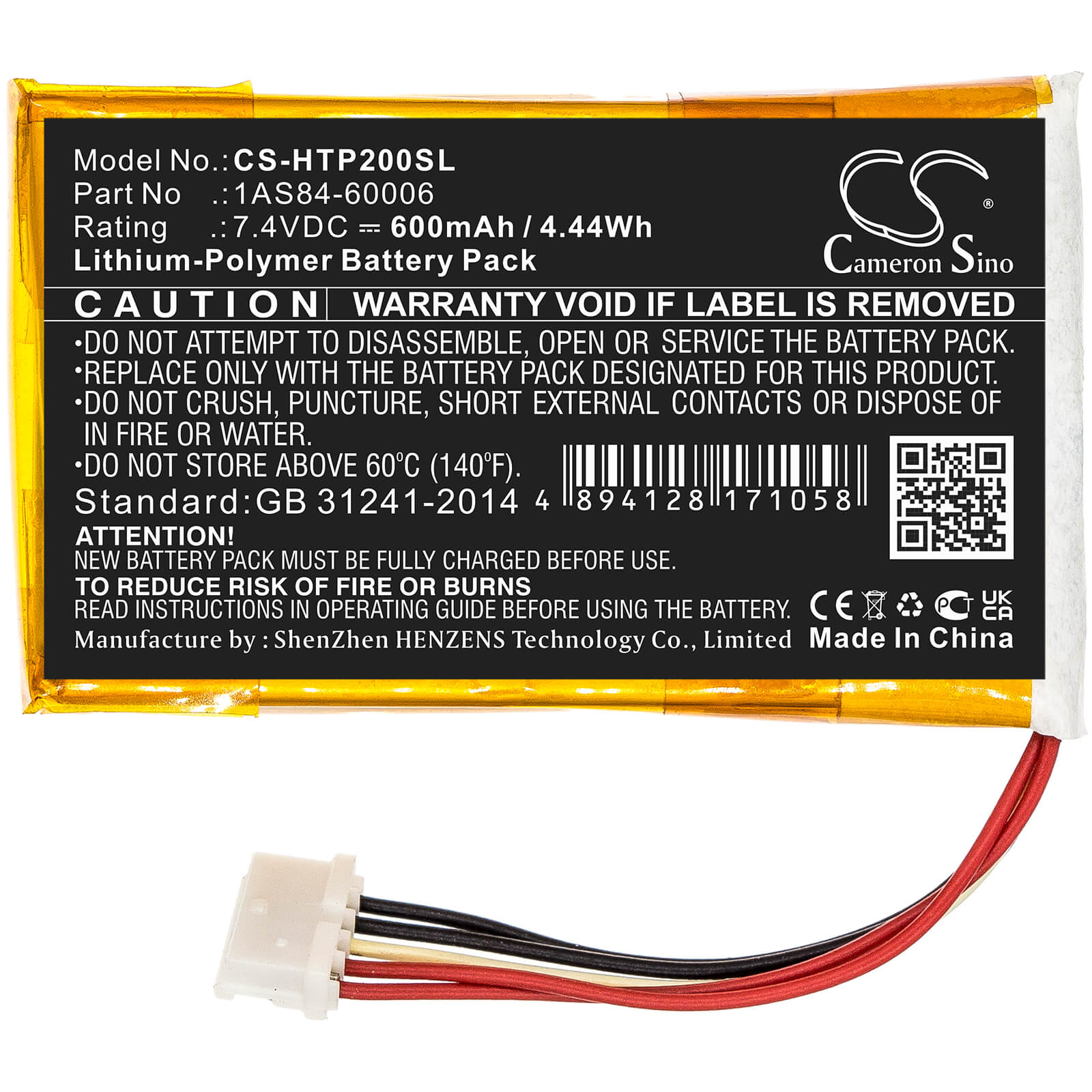 7.4V, 600mAh, Li-Polymer Battery fits Hp, Sprocket 200, 4.44Wh