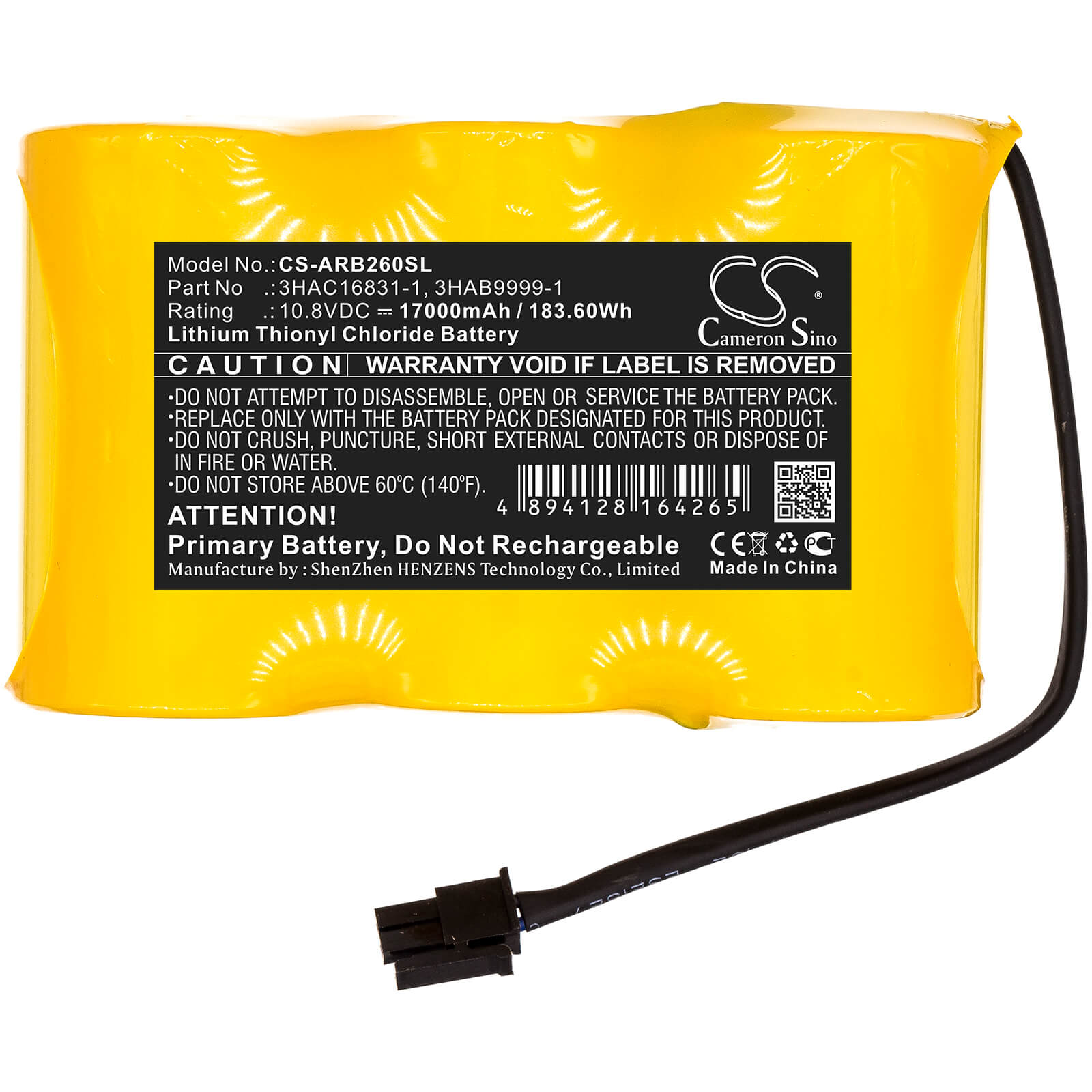 10.8V, 17000mAh, Li-SOCl2 Battery fits Abb, Irb 140 M2000, Irb 140 M2000a, 183.6Wh