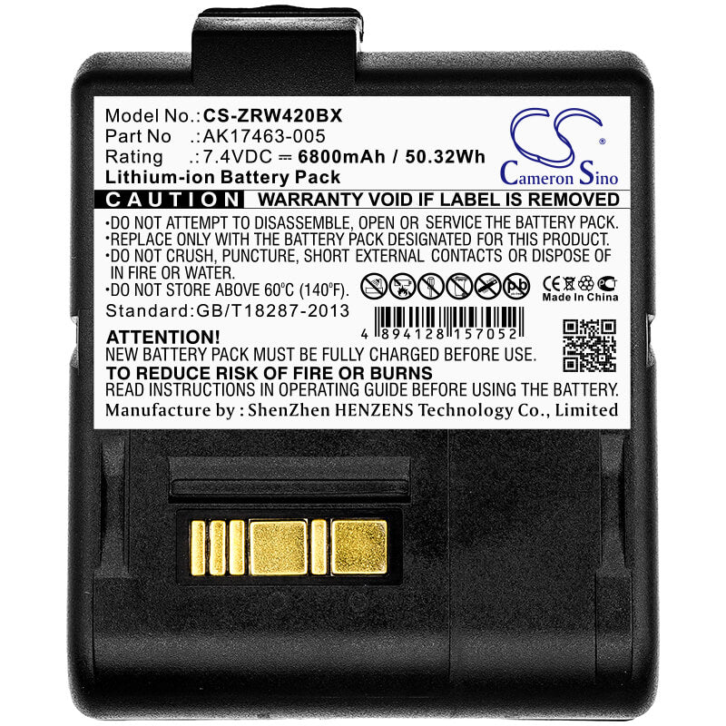 7.4V, 6800mAh, Li-ion Battery fits Zebra, L405, Rw420, 50.32Wh