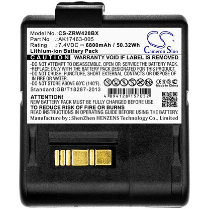 7.4V, 6800mAh, Li-ion Battery fits Zebra, L405, Rw420, 50.32Wh