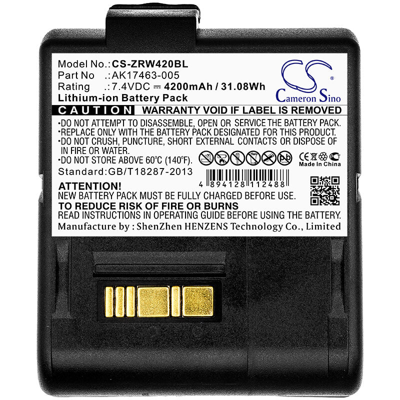 7.4V, 4200mAh, Li-ion Battery fits Zebra, L405, Rw420, 31.08Wh