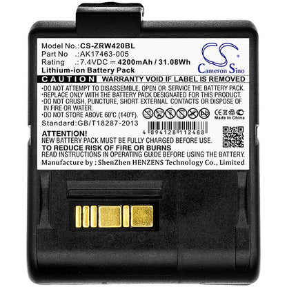 7.4V, 4200mAh, Li-ion Battery fits Zebra, L405, Rw420, 31.08Wh