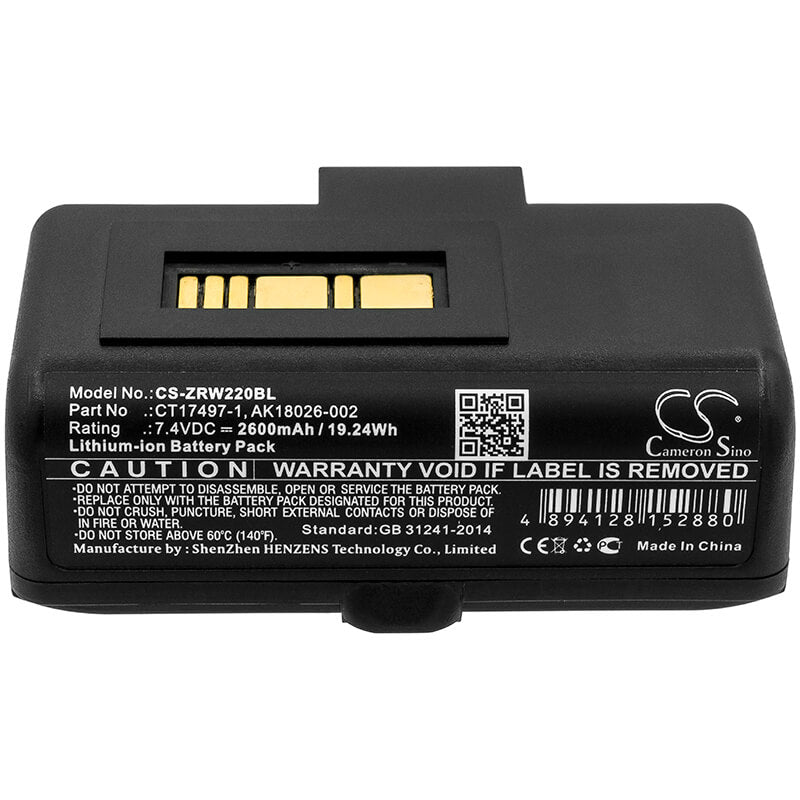 7.4V, 2600mAh, Li-ion Battery fits Zebra, Rw220, Rw320, 19.24Wh