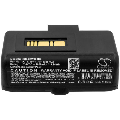 7.4V, 2600mAh, Li-ion Battery fits Zebra, Rw220, Rw320, 19.24Wh