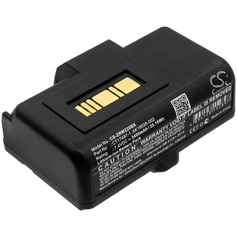 7.4V, 3400mAh, Li-ion Battery fits Zebra, Rw220, Rw320, 25.16Wh