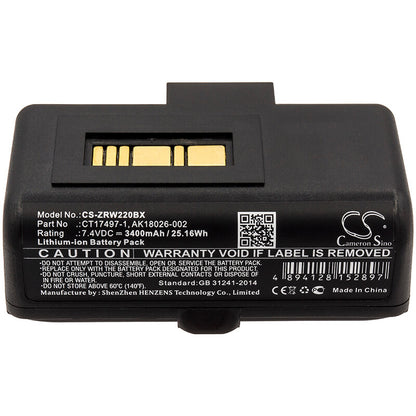 7.4V, 3400mAh, Li-ion Battery fits Zebra, Rw220, Rw320, 25.16Wh