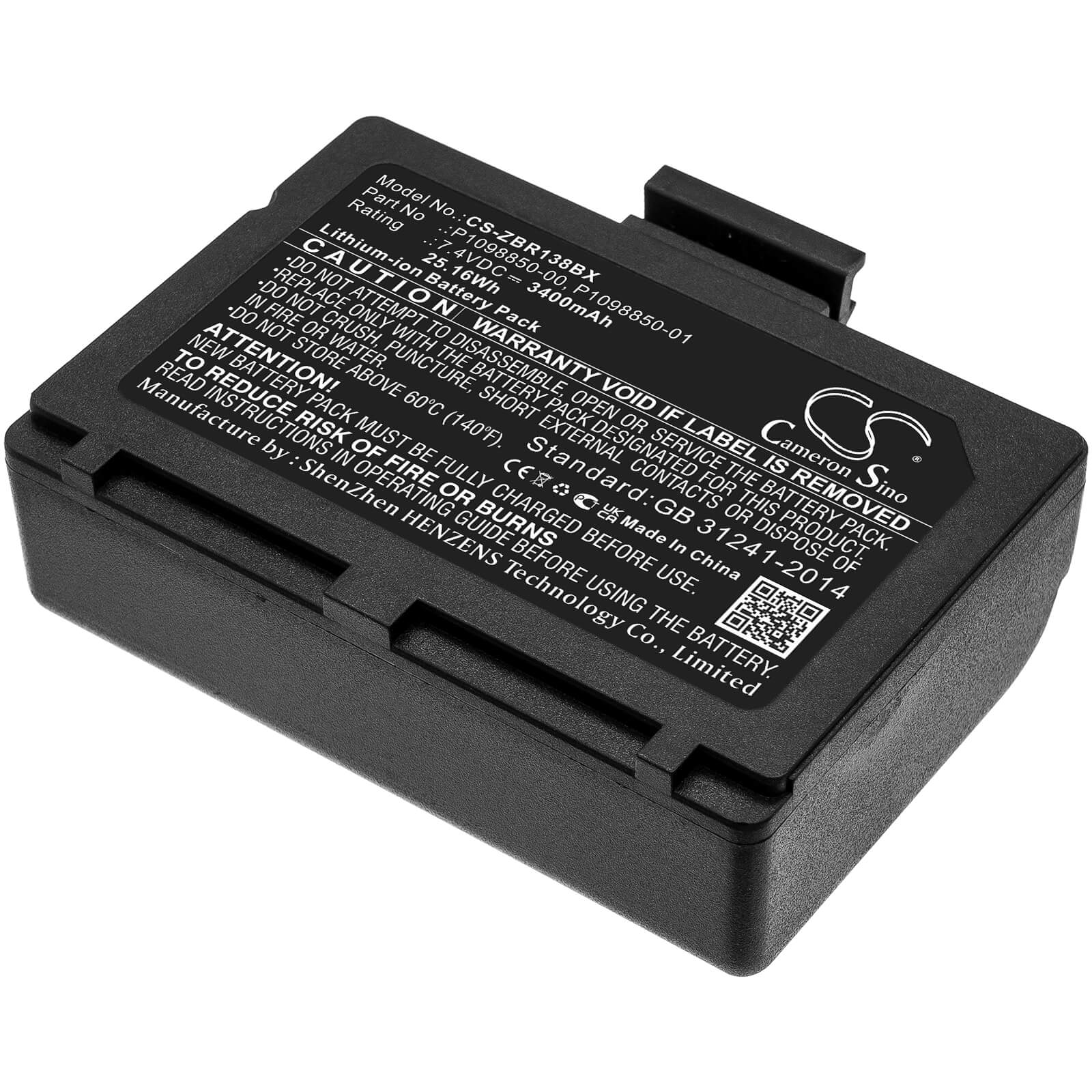 7.4V, 3400mAh, Li-ion Battery fits Zebra, Zr138, 25.16Wh