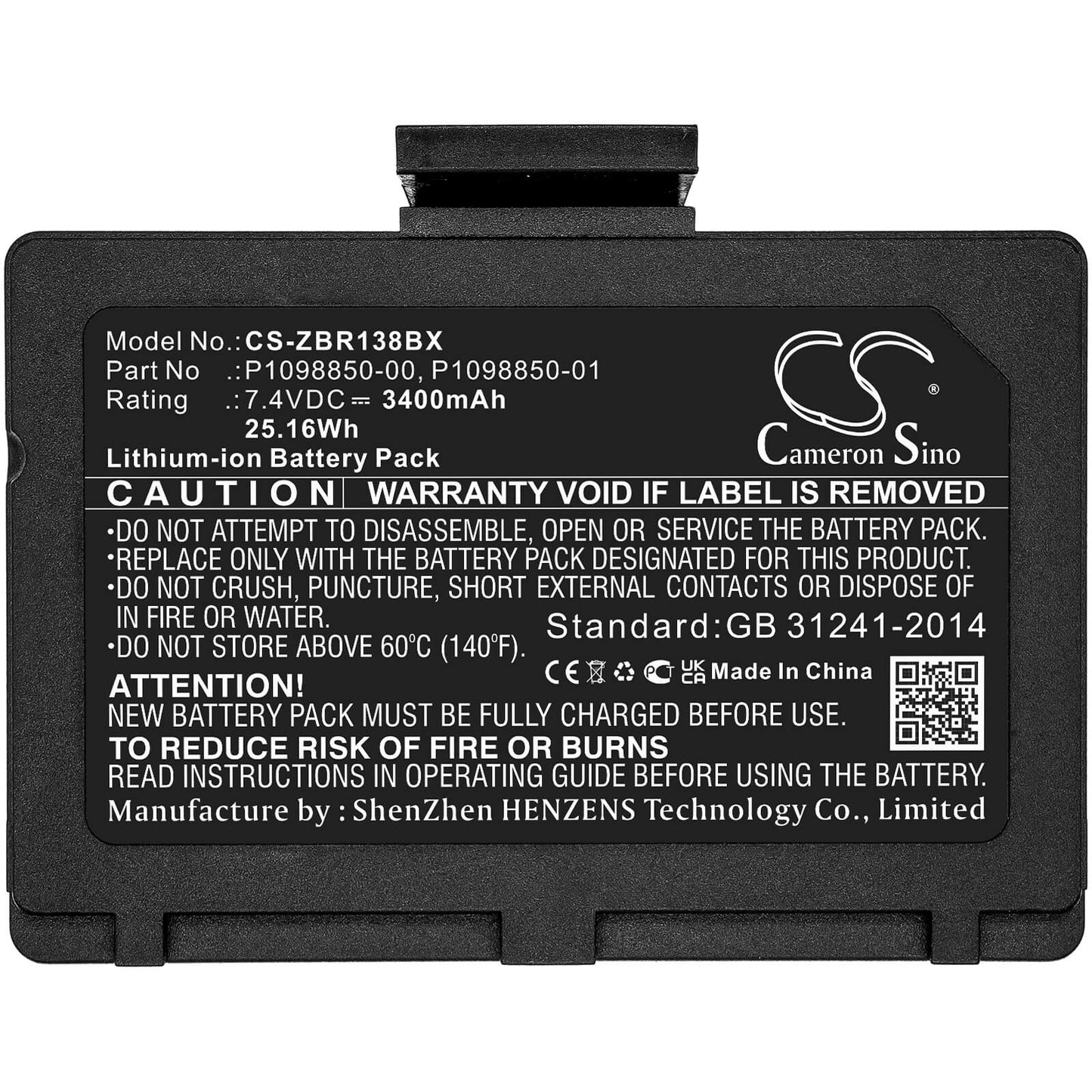 7.4V, 3400mAh, Li-ion Battery fits Zebra, Zr138, 25.16Wh