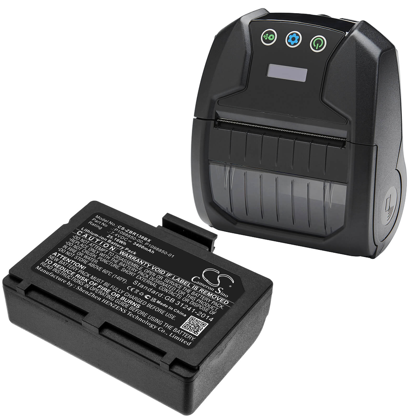 7.4V, 3400mAh, Li-ion Battery fits Zebra, Zr138, 25.16Wh