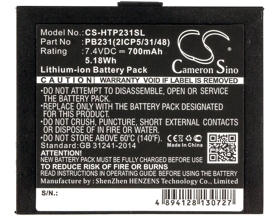 7.4V, 700mAh, Li-ion Battery fits Hiti, Pringo P231, Pringo P231 Photo Printer, 5.18Wh