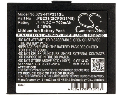 7.4V, 700mAh, Li-ion Battery fits Hiti, Pringo P231, Pringo P231 Photo Printer, 5.18Wh