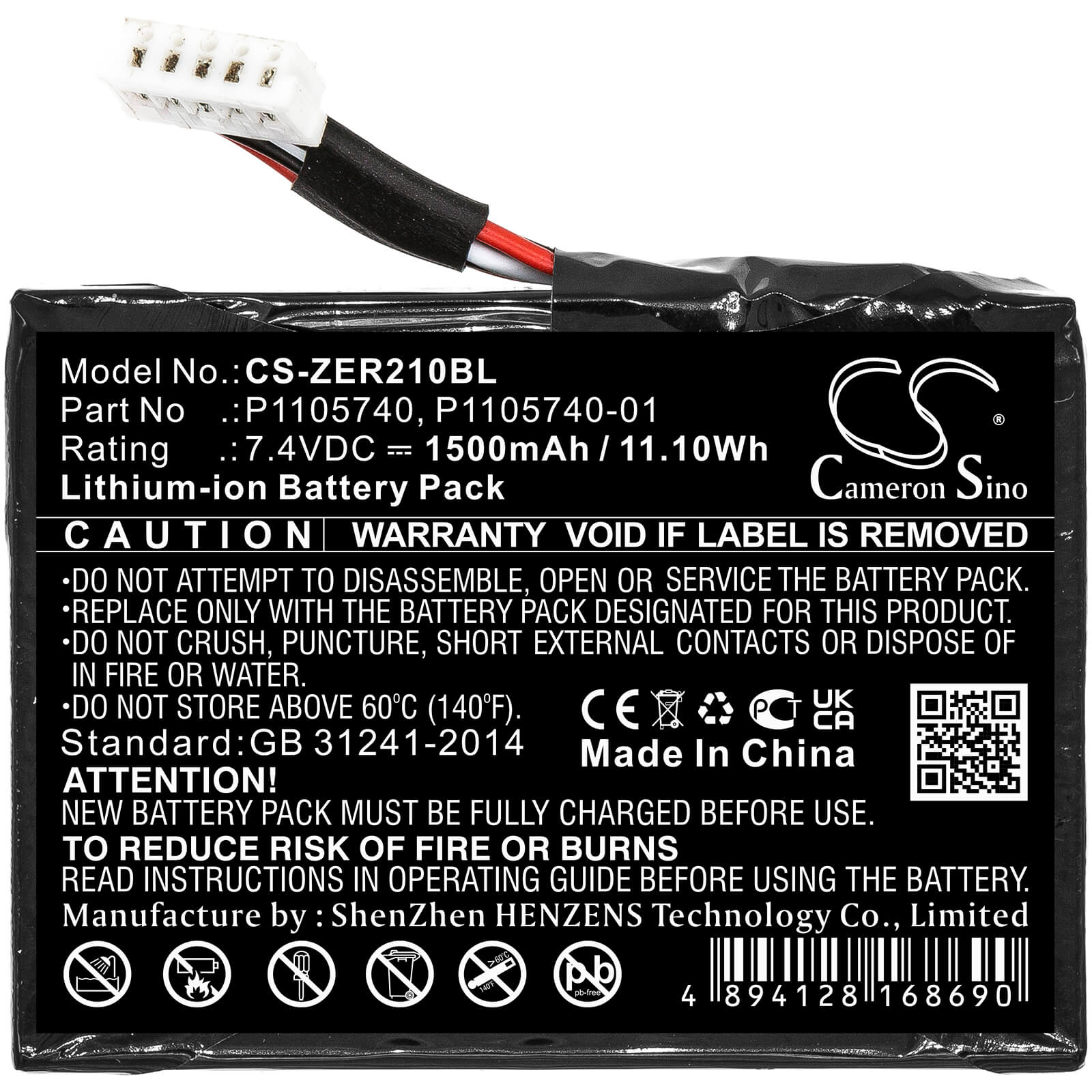 7.4V, 1500mAh, Li-ion Battery fits Zebra, Zq200, Zq210, 11.1Wh