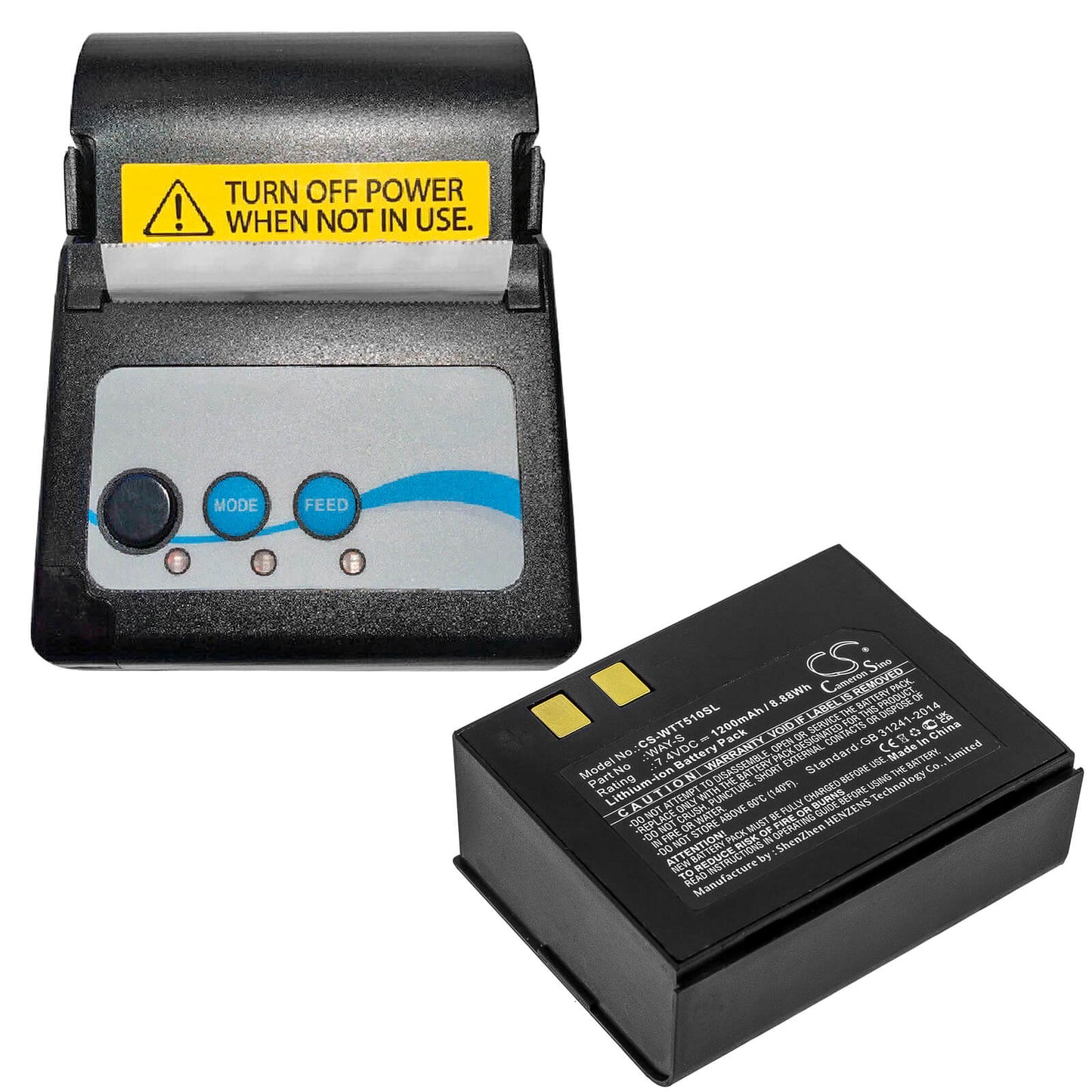 7.4V, 1200mAh, Li-ion Battery fits Way Systems, Mtt 1510 Printer, Way-s, 8.88Wh
