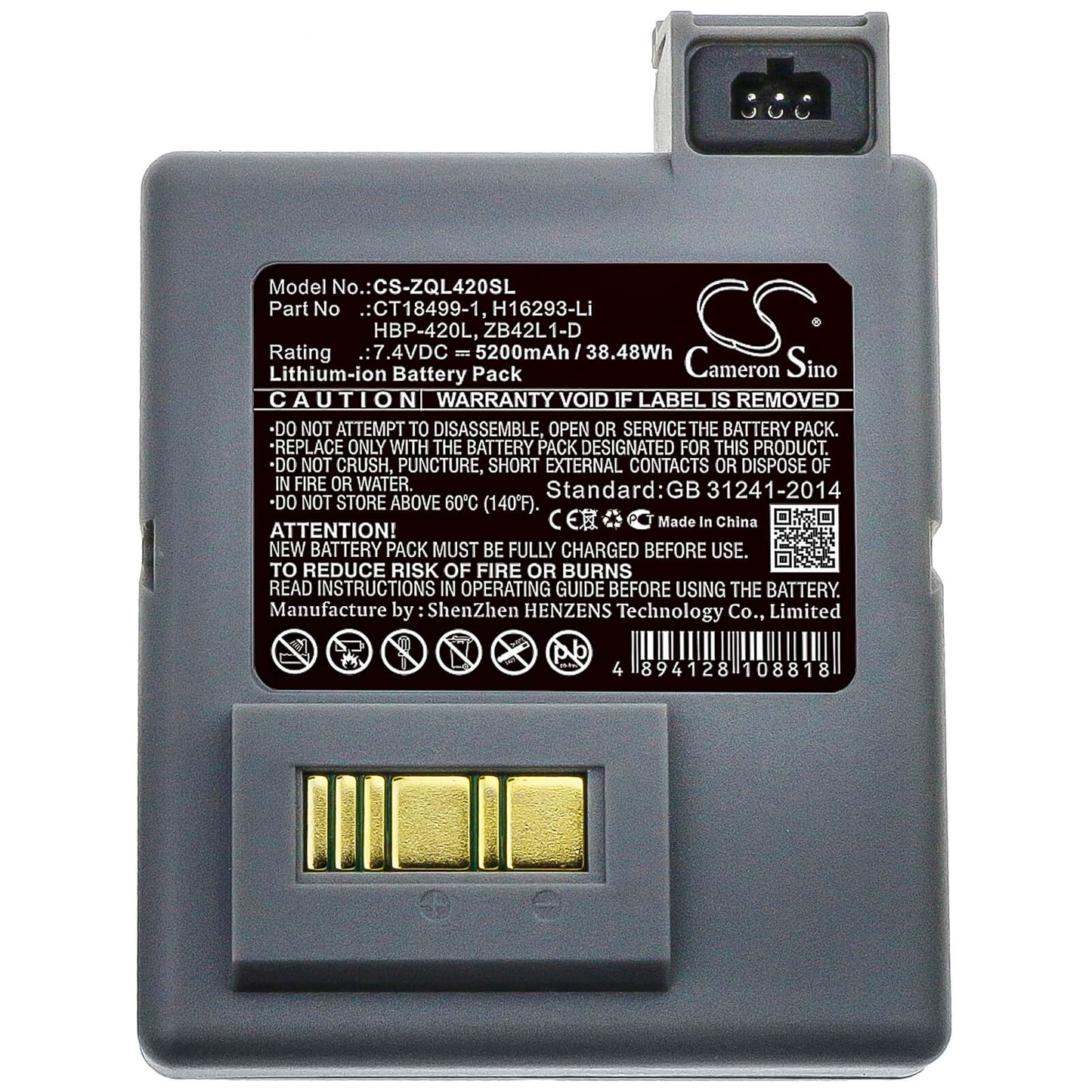 7.4V, 5200mAh, Li-ion Battery fits Zebra, P4t, Rp4, 38.48Wh
