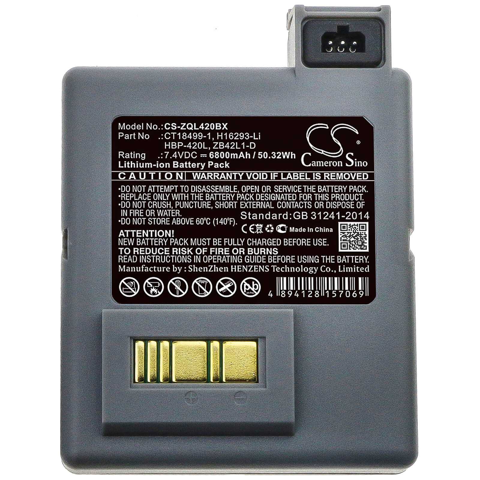 7.4V, 6800mAh, Li-ion Battery fits Zebra, P4t, Rp4, 50.32Wh