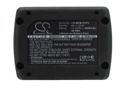 12.0V, 4000mAh, Li-ion Battery fits Milwaukee, C12 Fm, C12 Hz, 48Wh