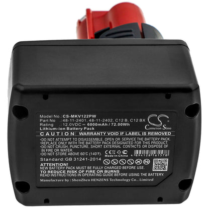12.0V, 6000mAh, Li-ion Battery fits Milwaukee, 2207-20, 2207-21, 72Wh