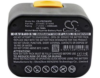 CS-PEZ365PX, Power Tools 7.2V, 3300mAh, Ni-MH Battery fits Panasonic, Ey3653, Ey3653cq, 23.76Wh