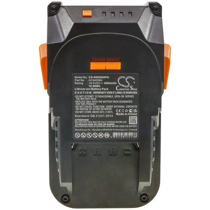 18.0V, 4000mAh, Li-ion Battery fits Ridgid, 130383001, 130383025, 72Wh