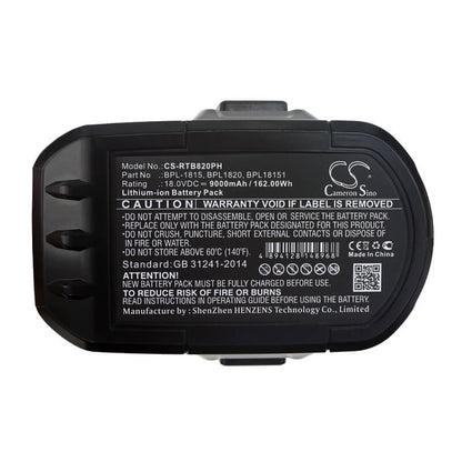 18.0V, 9000mAh, Li-ion Battery fits Ryobi, Bid-1801m, Bid-180l, 162Wh