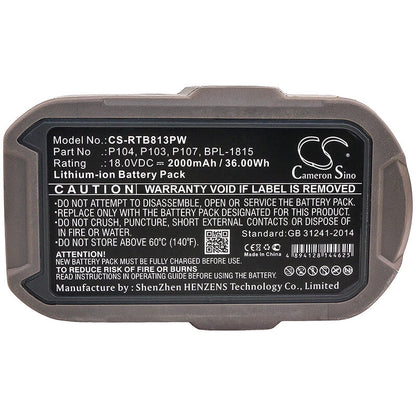 18.0V, 2000mAh, Li-ion Battery fits Ryobi, Bid-1801m, Bid-180l, 36Wh