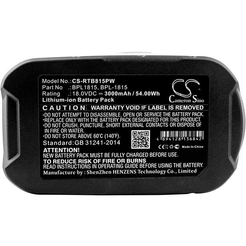 CS-RTB815PW, Power Tools 18.0V, 3000mAh, Li-ion Battery fits Ryobi, Bid-1801m, Bid-180l, 54Wh