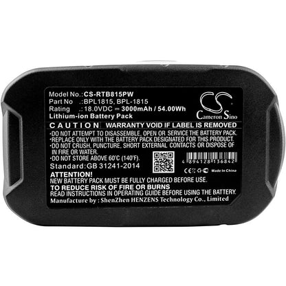 CS-RTB815PW, Power Tools 18.0V, 3000mAh, Li-ion Battery fits Ryobi, Bid-1801m, Bid-180l, 54Wh