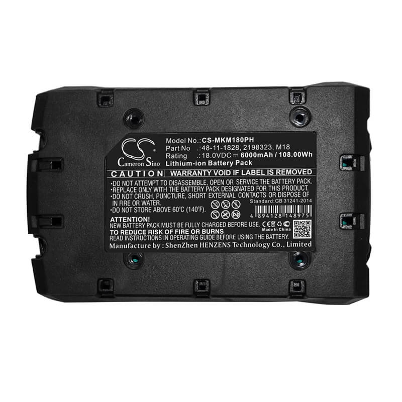 18.0V, 6000mAh, Li-ion Battery fits Milwaukee, 0880-20, 2601, 108Wh