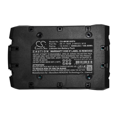 18.0V, 6000mAh, Li-ion Battery fits Milwaukee, 0880-20, 2601, 108Wh