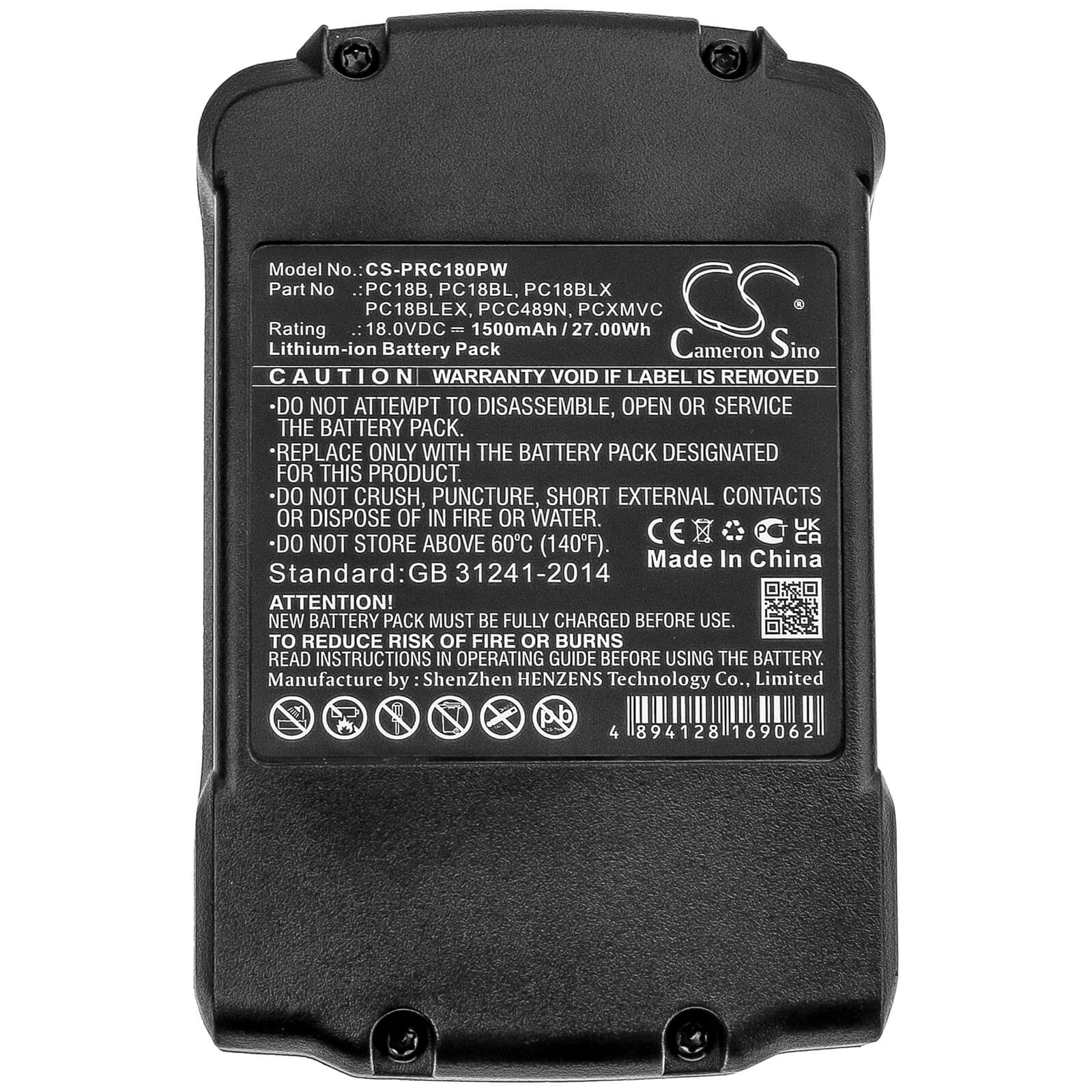 18.0V, 1500mAh, Li-ion Battery fits Porter Cable, Pc1800d, Pc1800l, 27Wh