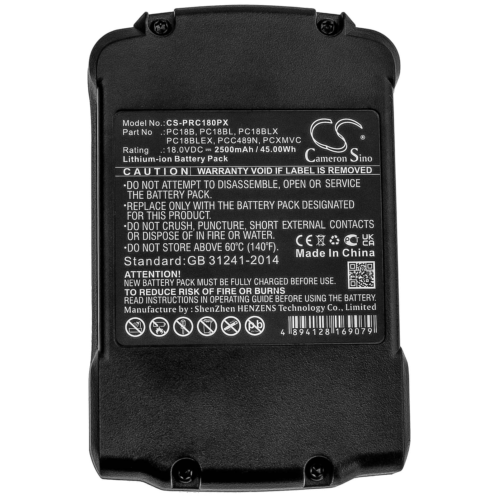 18.0V, 2500mAh, Li-ion Battery fits Porter Cable, Pc1800d, Pc1800l, 45Wh