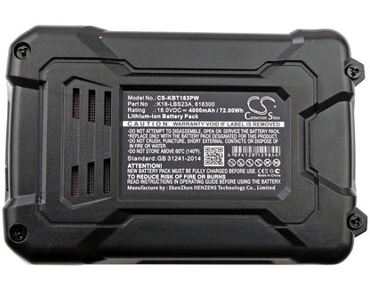 18.0V, 4000mAh, Li-ion Battery fits Kobalt, K18ld-26a, 72Wh