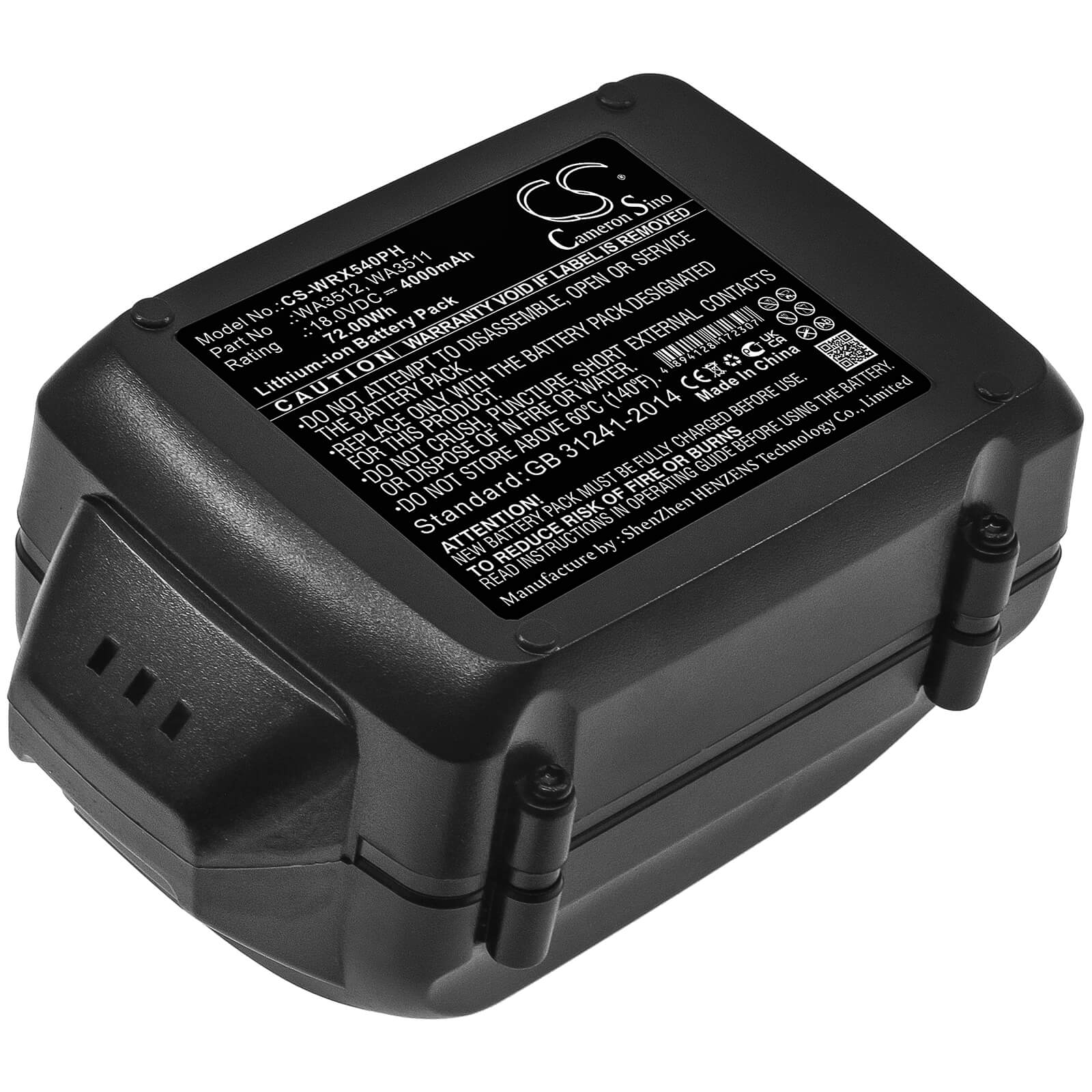 18.0V, 4000mAh, Li-ion Battery fits Worx, Rw9161, Wg150, 72Wh
